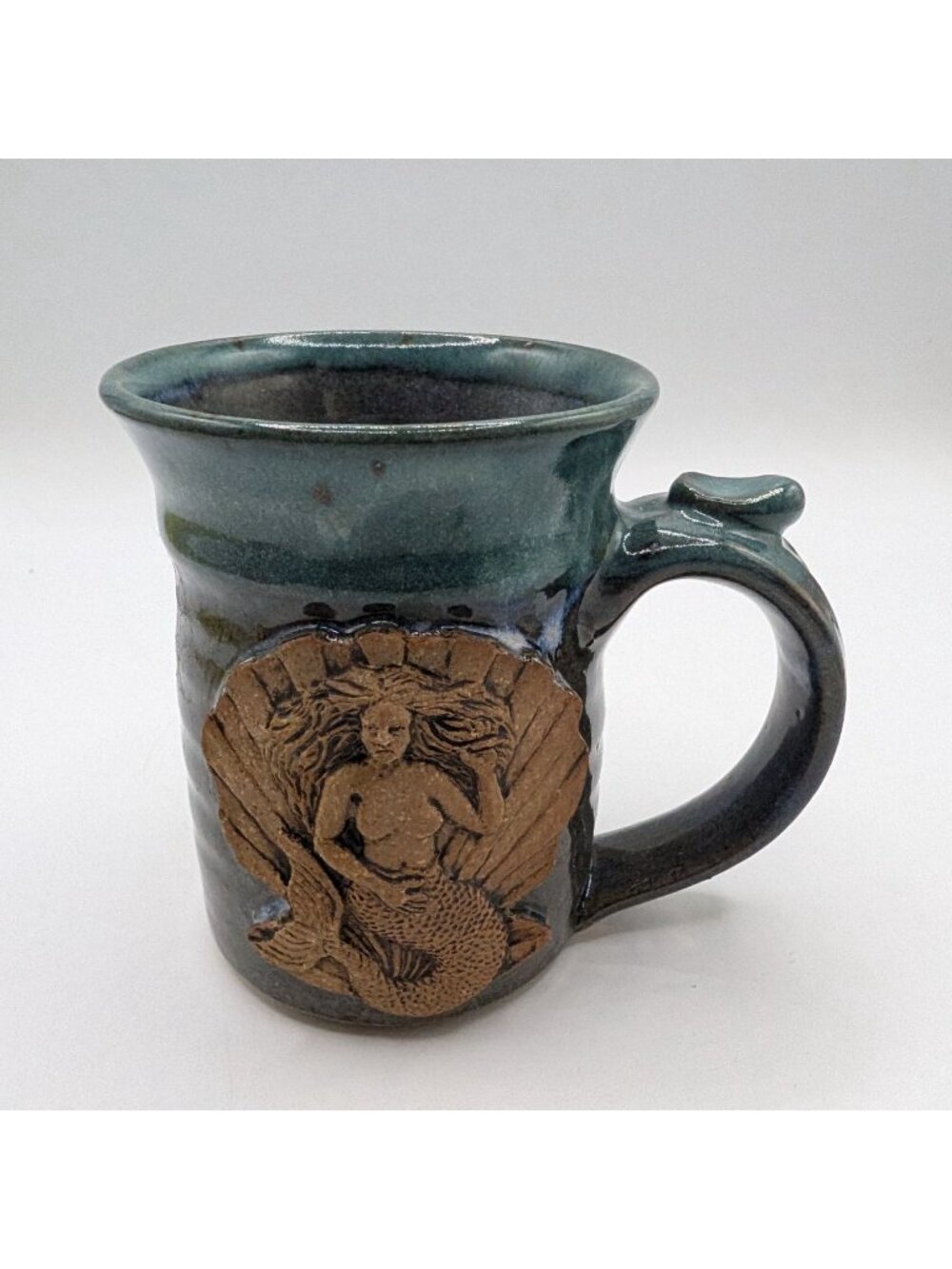 Handmade Pottery Mug W 3D Mermaid Design Blue & Brown Artist Signed - Picture 10 of 11